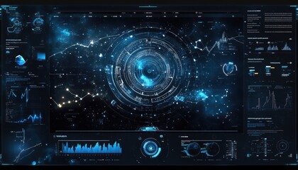 Leinwandbilder - Futuristic Interface Displaying Data Visualizations with Intricate Networks of Glowing Points and Lines in a Dark Blue and Black Color Scheme for Advanced Technological Analysis