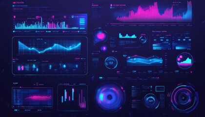 Leinwandbilder - Futuristic Neon Data Dashboard with Pink and Blue Graphs Displaying Analysis on a Dark Background Featuring Cyber Technology Elements and Digital Visualization