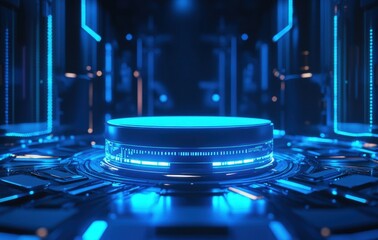 Aufkleber - Futuristic Technology Platform in Dark Blue Tones Digital Cyberspace Glowing Machine Surface Circuit Patterns Science Fiction Abstract Background with AI Innovation