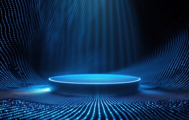 Poster - Glowing Blue Light on Round Platform with Dark Background Wavy Lines and Spotlights Creates a Futuristic and Abstract Elegant Presentation Stage