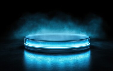 Aufkleber - Glowing Blue Round Podium Stage with Spotlight and Smoke Effect Product Display Platform 3D Render Presentation in Dark Background