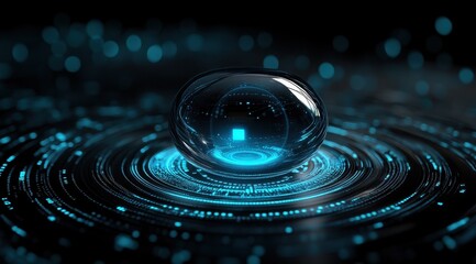 Aufkleber - Glowing Blue Sphere with Digital Circuitry on Dark Surface in a Circular Light Pattern Technology and Futuristic Concept