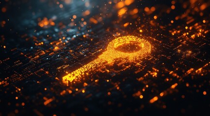Aufkleber - Glowing Orange Key Symbol Made of Digital Particles Against Dark Blue Background Represents Data Encryption Cyber Security Access and Protection