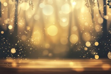 Poster - Golden Bokeh Lights and Sparkles over Wooden Table Background for Festive Celebration with Abstract Blur and Shiny Effects