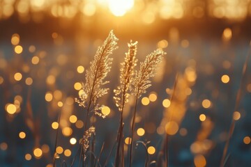 Poster - Golden Meadow Grass Illuminated by Warm Sunlight at Sunset Blurred Background Creates Dreamy Atmosphere