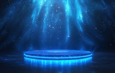Poster - Illuminated Blue Round Podium with Glowing Lights Against a Dark Background for Product Showcase or Presentation Stage