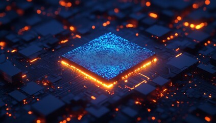 Leinwandbilder - Illuminated Circuit Board with Blue Chip and Orange Light Representing Modern Technology and Artificial Intelligence in a Futuristic Design