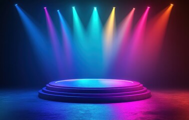 Poster - Illuminated Stage with Vibrant Spotlights in Dark Setting for Presentation Platform and Colorful Effects with Modern Design and 3D Rendered Abstract Glow