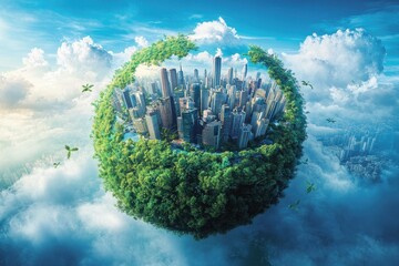 Wall Mural - lush green city globe suspended in sky with fluffy clouds and distant urban landscape in bright dayl