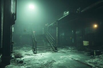 Leinwandbilder - Misty Urban Night Scene with Concrete Stairs and Overcast Sky Industrial Structures In a Grimy Environment Dark City Exterior Architecture Under Street Light
