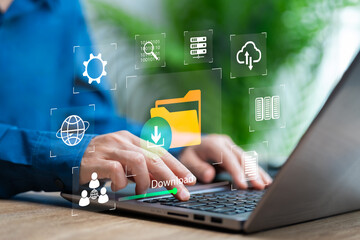 downloading and uploading data technology management concepts, businesswomen download data on cloud 