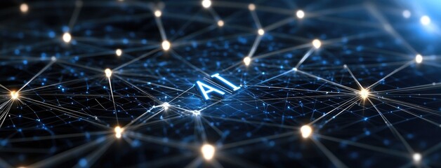 Wall Mural - abstract background showcases ai with glowing letters and connections amidst a dark setting of bokeh
