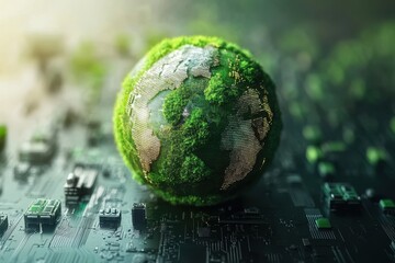 Fototapete - Verdant Sphere Encrusted with Moss Resting on a Detailed Circuit Board Depicting Ecology and Technology Concepts in a Futuristic and Sustainable Theme with Selective Focus and Warm Lighting