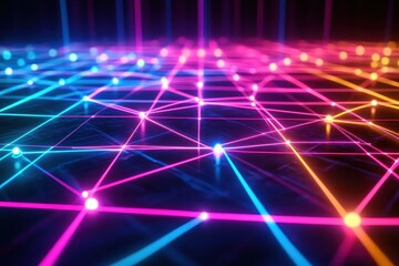 Aufkleber - Vibrant Abstract Network of Interconnected Glowing Lines and Spheres on Dark Background Representing Futuristic Technology and Digital Communication with Blue Pink and Orange Light
