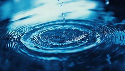 Leinwandbilder - Water Drop Creating Ripples in a Dark Blue Liquid Surface with Circular Wave Patterns and a Fresh Dynamic Abstract Texture