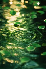 Leinwandbilder - Water Surface Reflecting Sunlight Creating Ripples and Bokeh with Floating Green Leaves in a Textured Environment