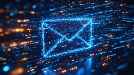 Digital envelope concept with glowing neon lines and data stream background