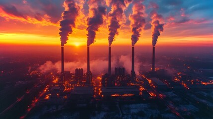 Aufkleber - Smokestacks release thick smoke against a vibrant sunset, highlighting industrial energy generation. The scene captures the contrast between natural beauty and industrial smoke.