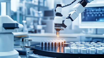 Wall Mural - an advanced nanotechnology lab where robotic arms are assembling nanomedicine delivery devices, ai s