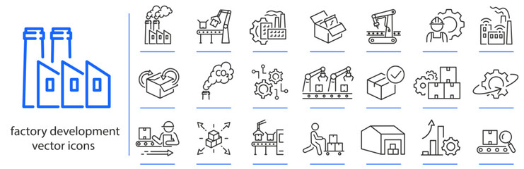 factory development icons, industry building and production elements, icon set, modern industry simp
