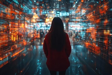 woman contemplating digital data in a futuristic space