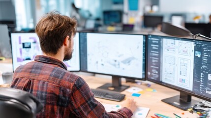 architect working on designs with multiple computer monitors. he wears a flannel shirt in a modern o
