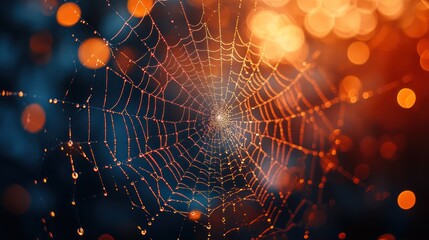 Enchanting Arachnid Silk: A Spiderweb Adorned with Dewdrops in a Blurred Light
