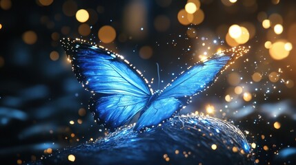 Poster - Radiant Blue Butterfly with Golden Glitter Sparkles on a Dark Textured Surface Enhanced by Bokeh Lighting and Magical Ambiance Creating a Dreamlike Atmosphere