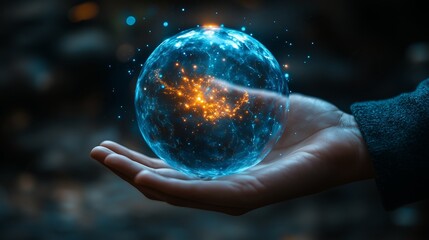 Close-up of a man's hand holding a blue, glowing, futuristic energy sphere with holographic symbols.
