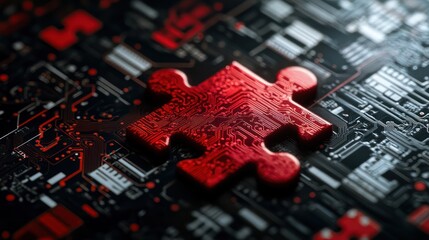 Red Puzzle Piece Integrated Circuit on Computer Motherboard Technology Solution