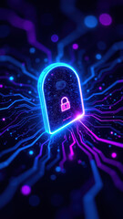 Wall Mural - A vibrant digital illustration featuring a glowing lock symbol as a focal point amidst an abstract representation of internet connectivity with neon-like hues and circuit-like lines.