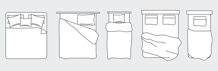 Beds outline top view. Floor plan icons set for design interior and architectural project. Furniture thin line icon in top view for layout.