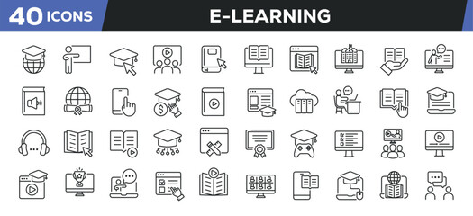 Wall Mural - e-learning icons set. web line icons collection related education, webinar, online school. editable 