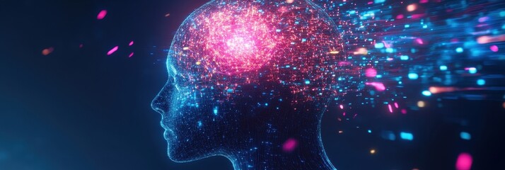 Aufkleber - Digital Brain Glowing with Pink and Blue Light Futuristic Head Silhouette on Dark Background Conceptual Tech Artwork and Artificial Intelligence Innovation