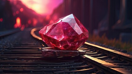 A large, faceted red gemstone resting on railroad tracks