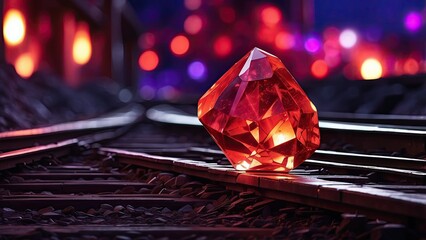 A large, faceted red gemstone resting on railroad tracks