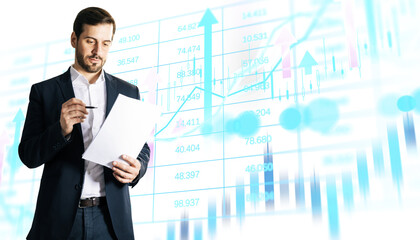 Fototapete - Businessman reading paper with pen in hand, financial stock chart overlay, modern clean style, white isolated background, investment analysis