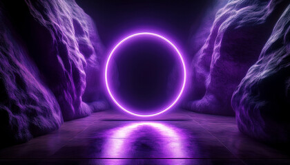 Wall Mural - dark stone room illuminated by glowing purple neon circle. 3d rendering, futuristic atmosphere.