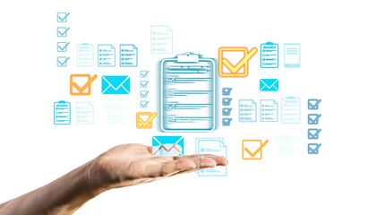 Fototapete - a hand holding floating checklist, document, and email icons in a clean light style on white backgro