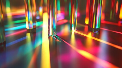 Light interacts with transparent objects, creating vibrant reflections and colorful patterns on a smooth surface in a controlled setting, enhancing visual aesthetics