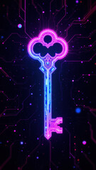 Wall Mural - A neon-colored key with cybernetic designs set against a futuristic, digital backdrop, symbolizing internet security.
