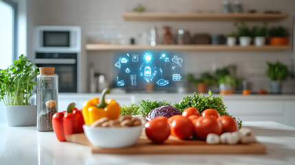 Wall Mural - An AI powered personalized nutrition assistant, smart devices analyzing food intake and providing dietary suggestions, Health tech style