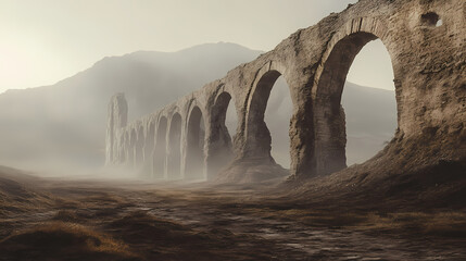 Wall Mural - row of massive stone arches stretching into distance in a dusty, mystical landscape with pale light.