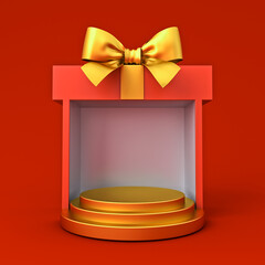 Aufkleber - Blank round gold podium pedestal in red exhibition booth gift box product display mockup showcase stand with gold ribbon bow isolated on dark red background with shadow minimal conceptual 3D rendering