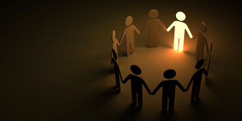 Fototapete - Group of people holding hands forming circle with one glowing light man standing out from the crowd business concept in the dark room background creative idea business different concepts 3D rendering