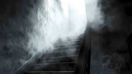 Wall Mural - this image captures a mysterious haunted house staircase shrouded in fog. the eerie atmosphere and g