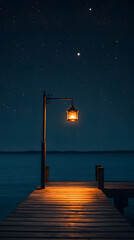 Wall Mural - illuminated wooden pier with vintage lamp under starry night sky