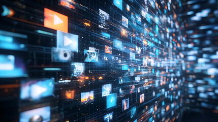 Wall Mural - An AI powered real time video enhancement tool, improving video resolution and reducing noise for high-quality streaming, Media tech style