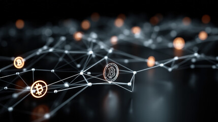 Leinwandbilder - glowing digital blockchain network with interconnected nodes and Bitcoin symbols represents concept of cryptocurrency and decentralized finance