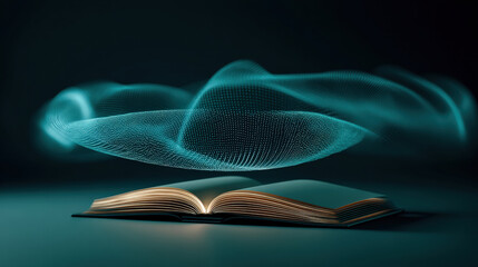Poster - open book with glowing digital wave patterns floating above it, symbolizing fusion of technology and literature. scene is set against dark background, creating mystical atmosphere